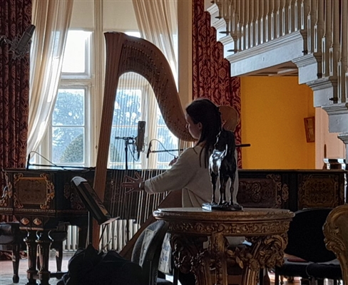 Cellist Elinor Nicholson recording classical music in the Staircase Hall