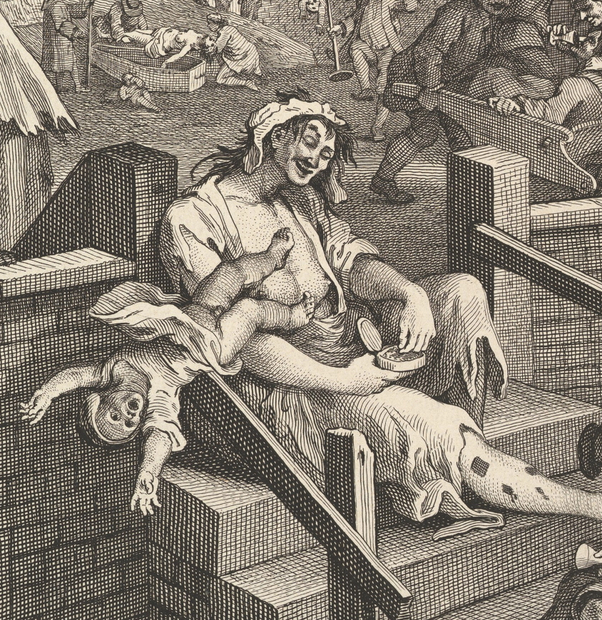 A drunken woman in William Hogarth's satirical print Gin Lane dropping her baby while taking snuff
